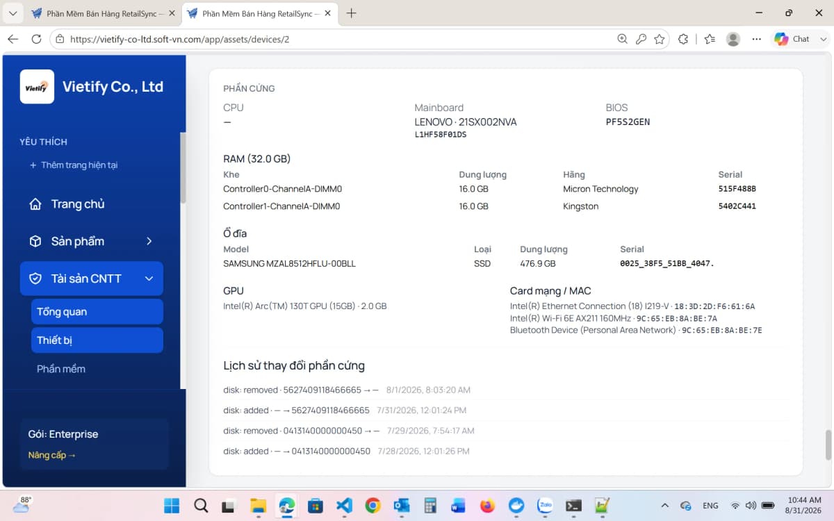 Ảnh chụp màn hình thật dashboard RetailSync IT Asset Management, hiển thị chi tiết phần cứng thiết bị: CPU, RAM, ổ đĩa, GPU, card mạng và lịch sử thay đổi phần cứng